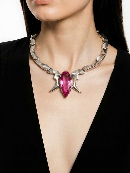 Taxco Jewelry - Taxco 216 grams Sterling Silver Scarab Necklace with Lab grown Pink Sapphire